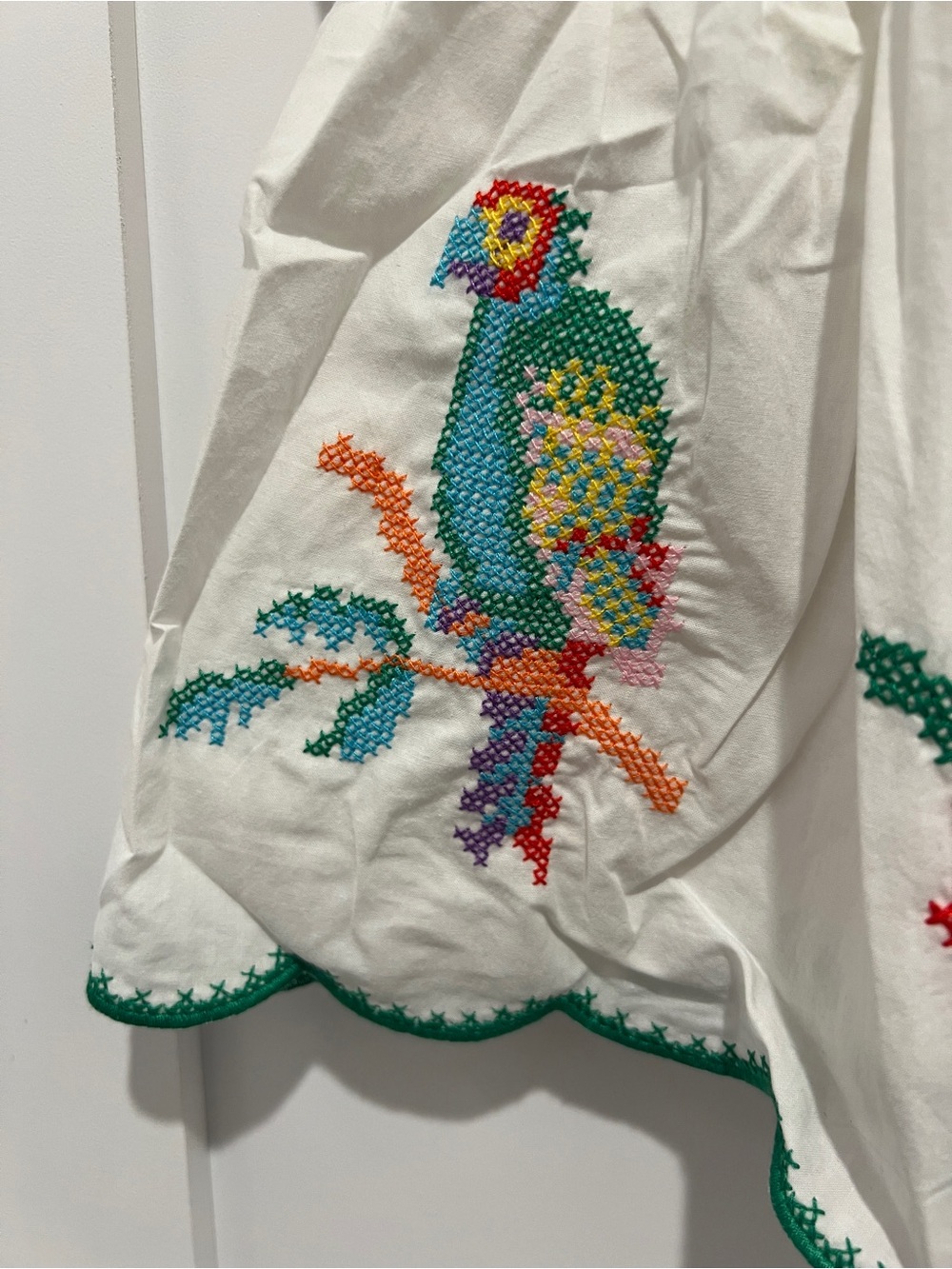 White Embroidered Peplum Blouse with Multicolor Floral & Bird Motif J.Marie - Picture 2 of 5